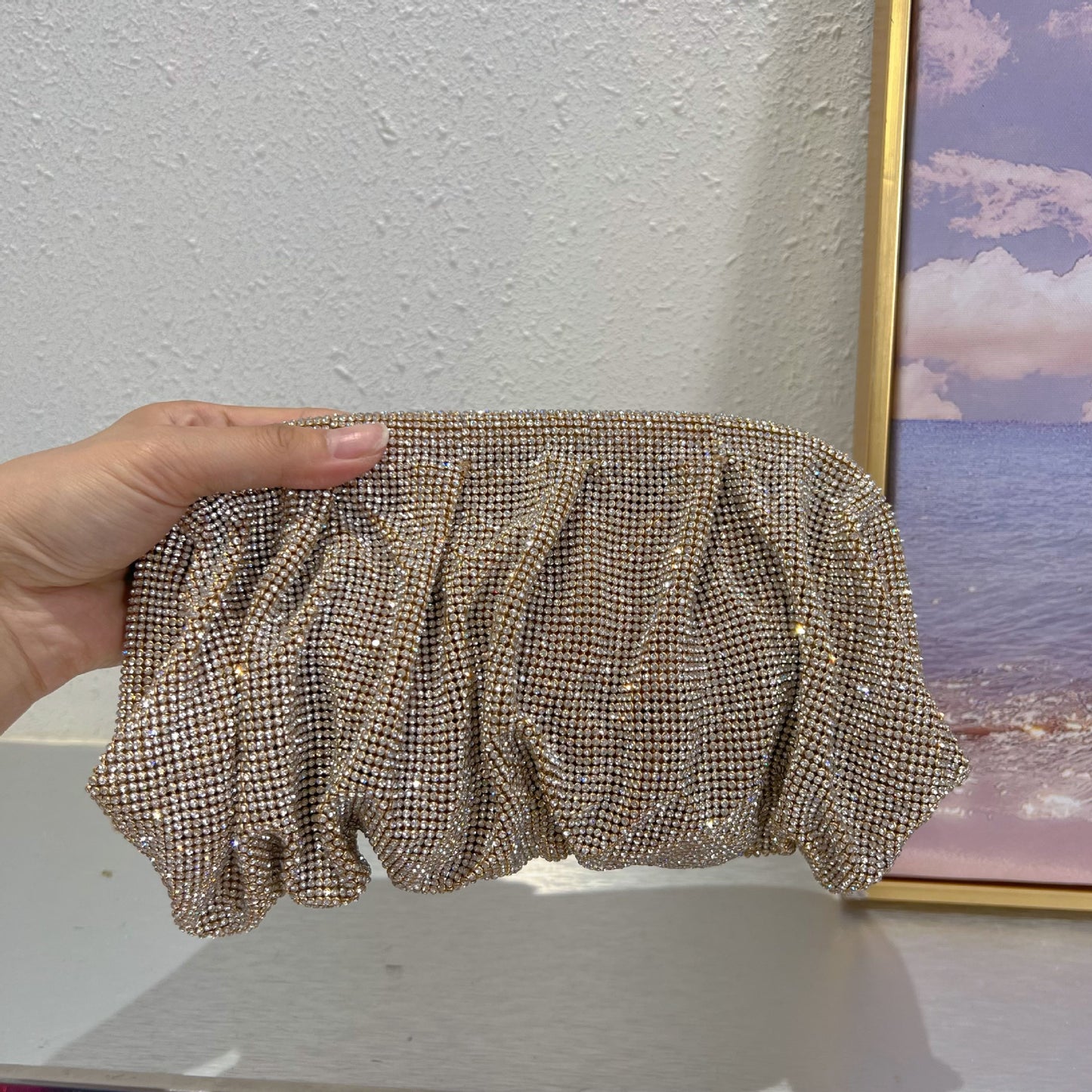 Studded Hand Crystal Pleated Chain Rhinestone Cloud Dumplings Clip Women's Shoulder Bag