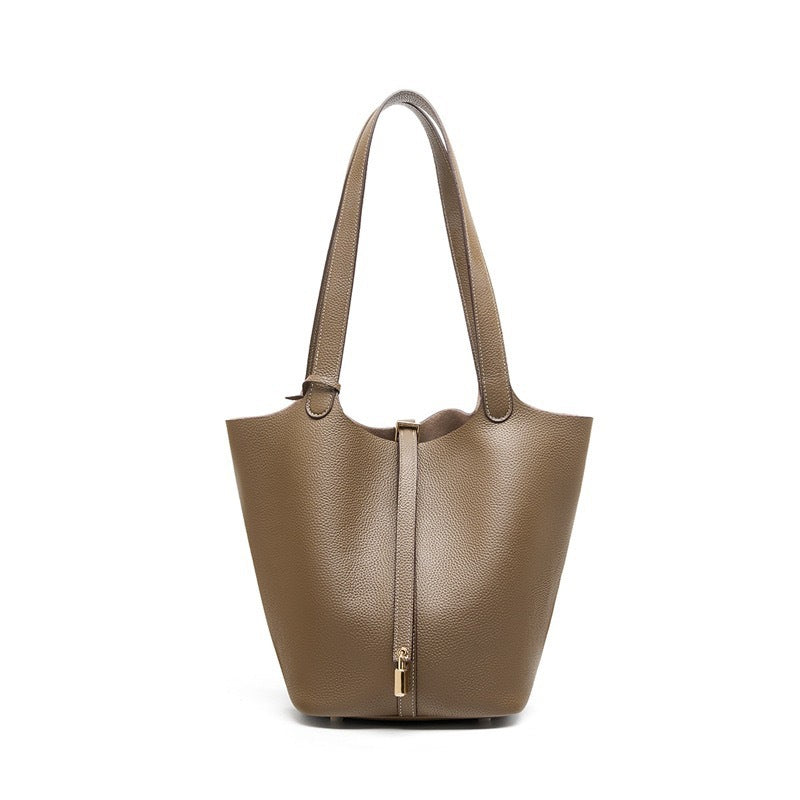 Women's Portable Classic Genuine Leather Vegetable Basket Lychee Pattern Simple Latch Women's Shoulder Bag