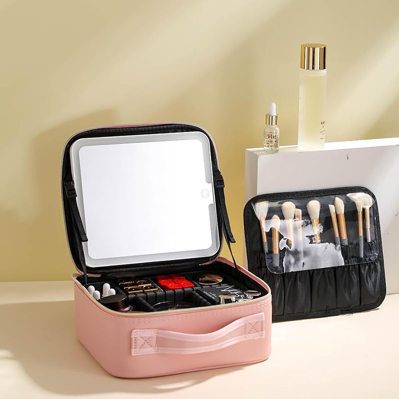With Light Portable Storage Box Mirror Makeup Bag