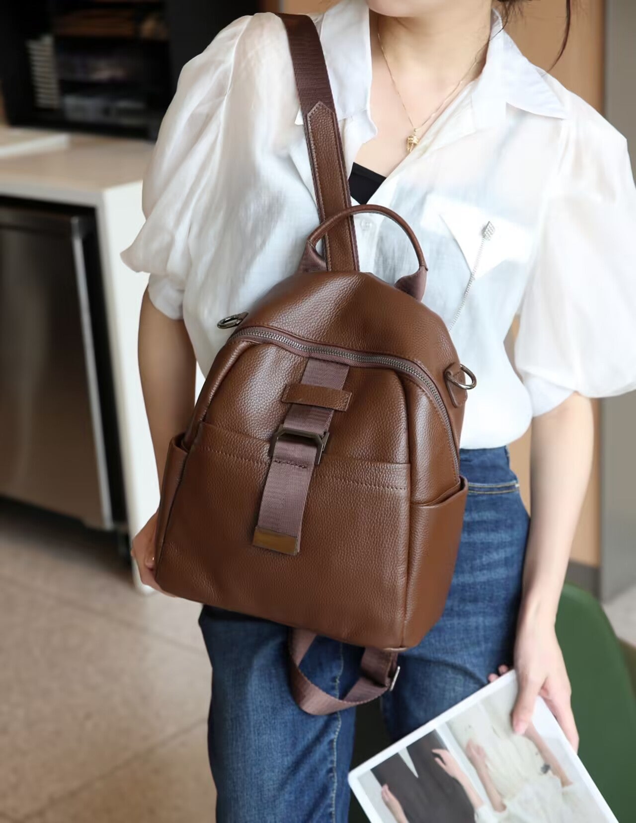 Women's First Layer Leather Lychee Pattern Elephant Gray Large Women's Backpack