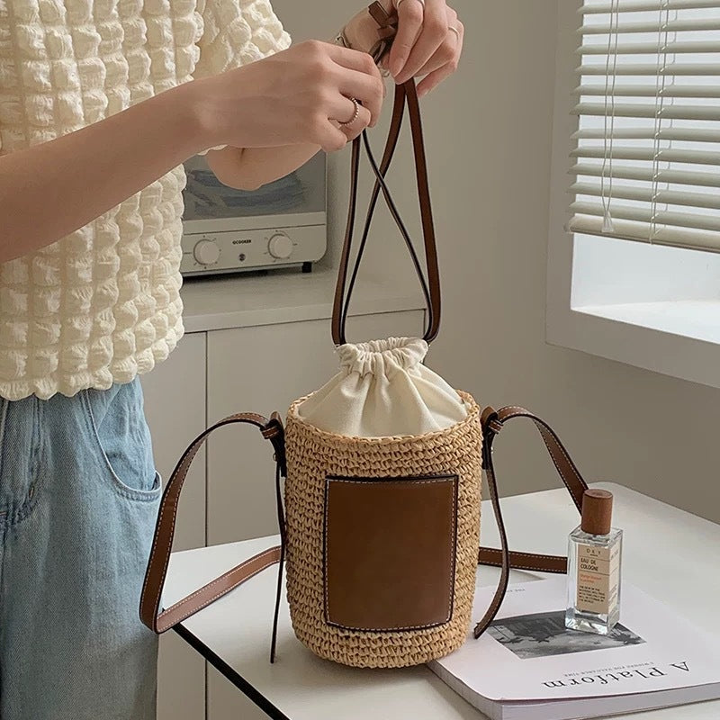 Cylinder Straw Woven Hand-woven Seaside Vacation Bucket Bags