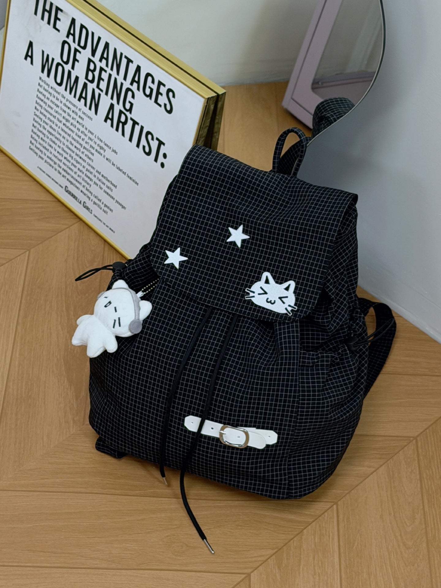 Embroidery Kitten Milk Blue Plaid Soft Leisure Backpack