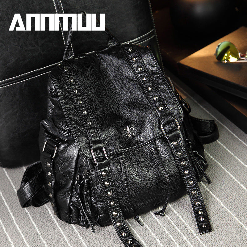 Women's Rivet Soft Surface Fashion Washed Leather Women's Backpack