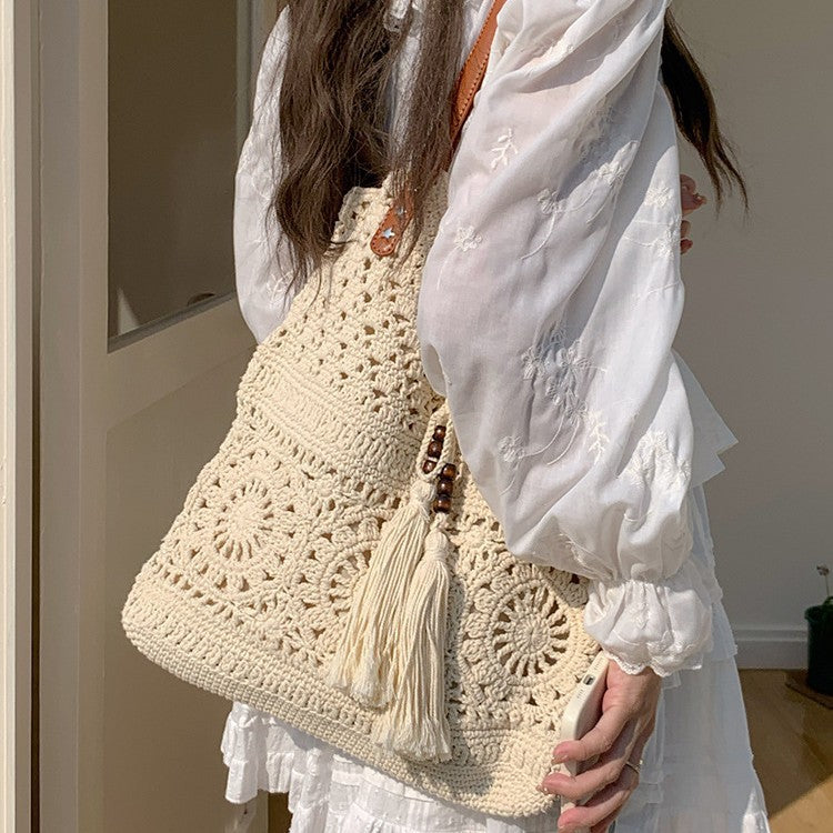 Women's Capacity Cotton Braided Hollow Mesh Seaside Bags