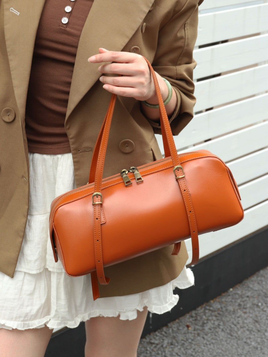 Women's First Layer Cowhide Niche Vegetable Tanned Leather Genuine Bowling Simple Bags