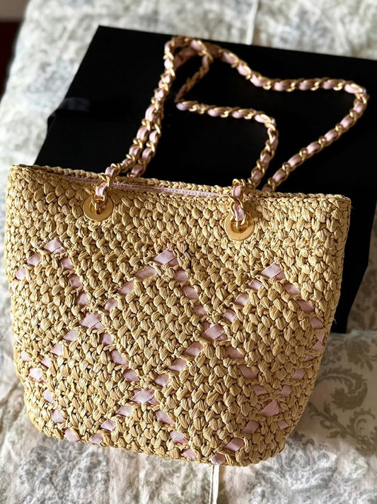 Women's Classic Style Rhombus Straw Woven Large Capacity Women's Shoulder Bag
