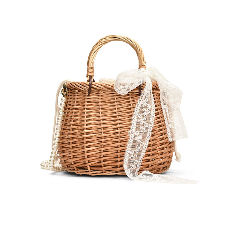Hand-woven Rattan Weave Portable Vegetable Basket Vacation Beach Women's Shoulder Bag
