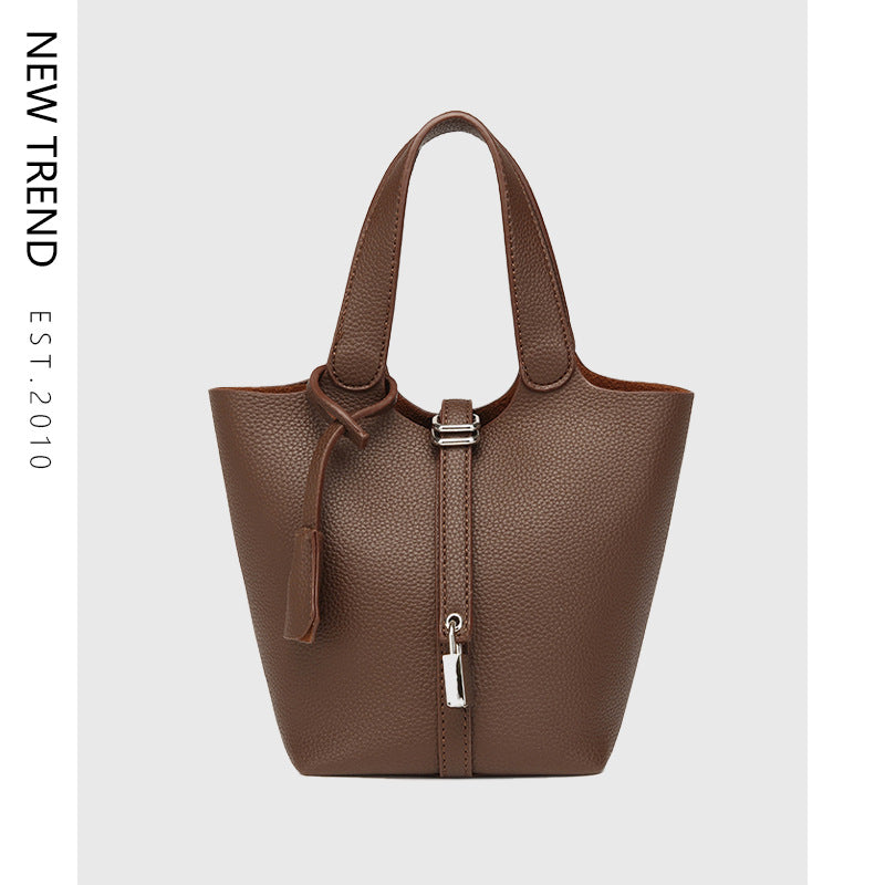 Simple High-grade Lychee Pattern Female Commute Bucket Bags