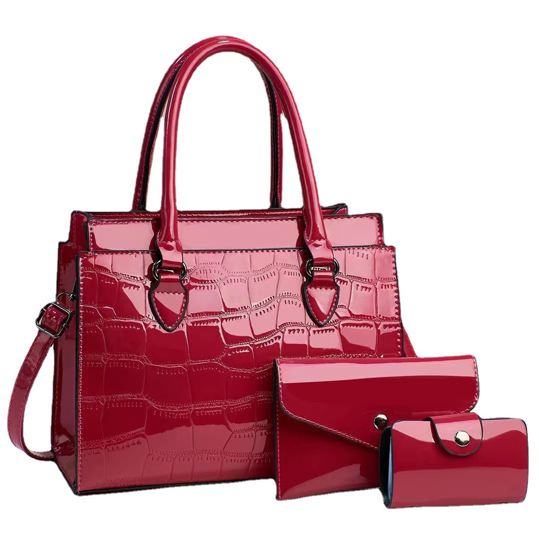 Temperament Fashion Bright Leather Three-piece Set Elegant Large Women's Handbag