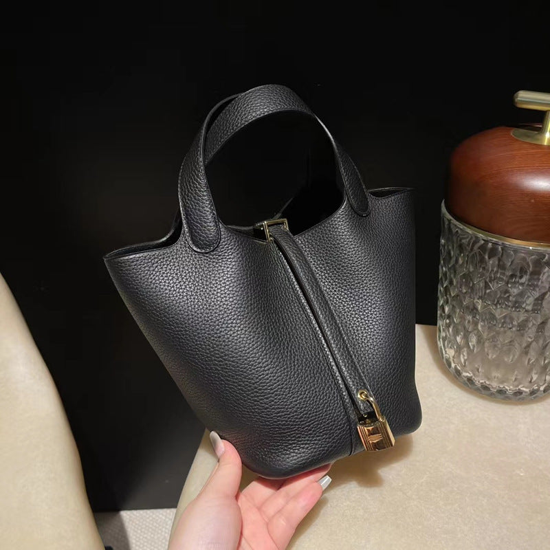 Women's Pattern Cowhide Vegetable Basket Portable High-grade Genuine Bucket Bag