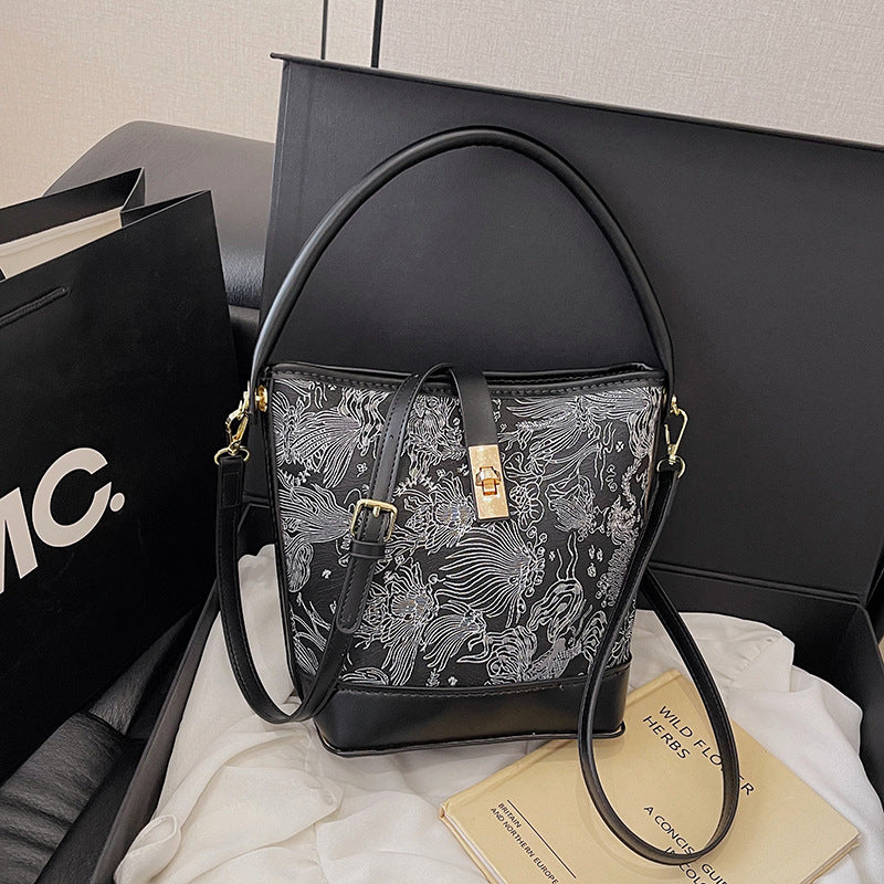 Women's Material Homemade National Style Contrast Color Hand Holding Bucket Bag