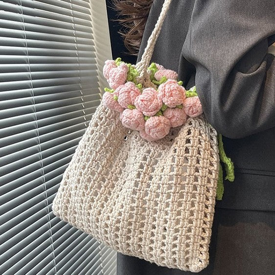 Rose Bouquet Blanket Handmade Crochet Woven Bucket Bags