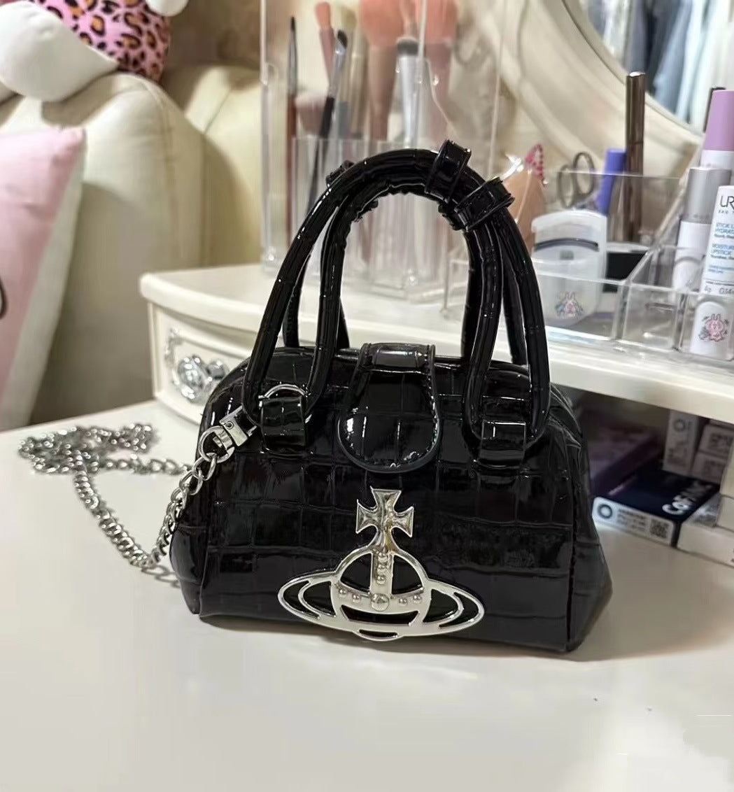 Saturn Waste High-grade Crocodile Pattern Patent Leather Frame Clip Women's Handbag
