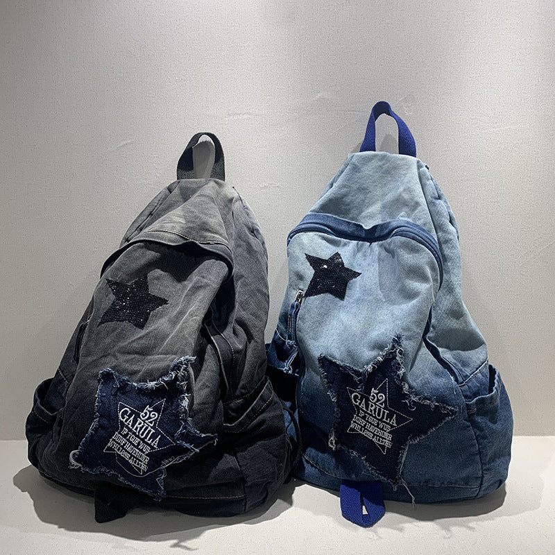 Women's Washed Denim Fashion Gradient High College Korean Style Leisure Backpack