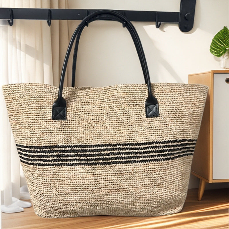 Women's French Style High Quality Large Capacity Raffia Striped Women's Shoulder Bag