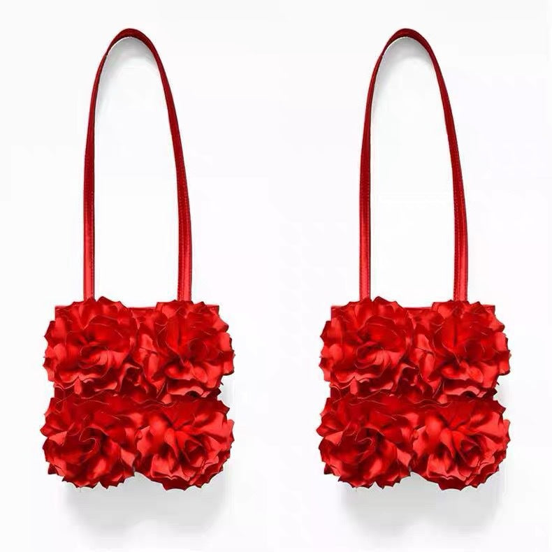 Attractive Niche Three-dimensional Rose Flower Satin Women's Shoulder Bag