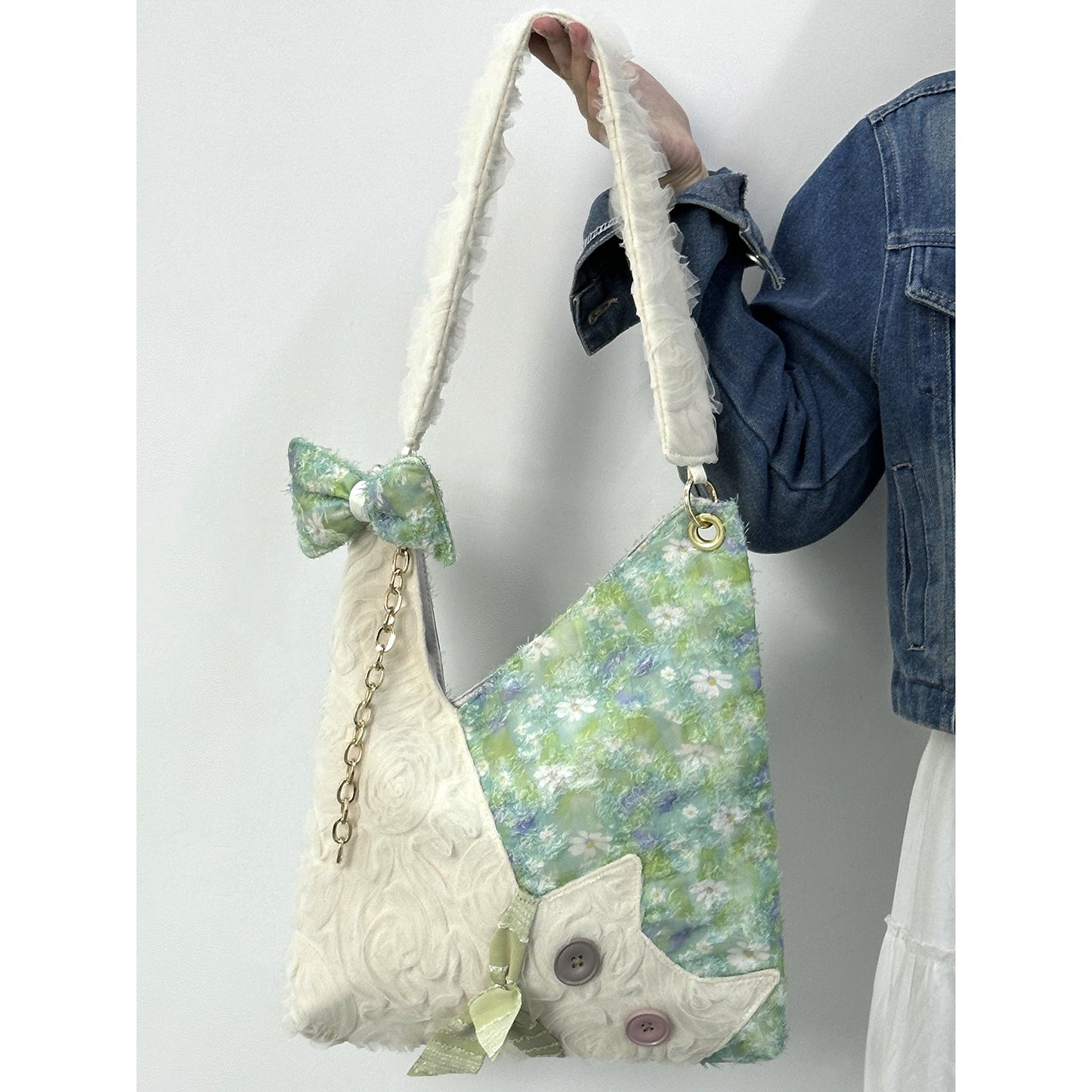 Women's Green Daisy Canvas Cute Cat Large Capacity Women's Shoulder Bag