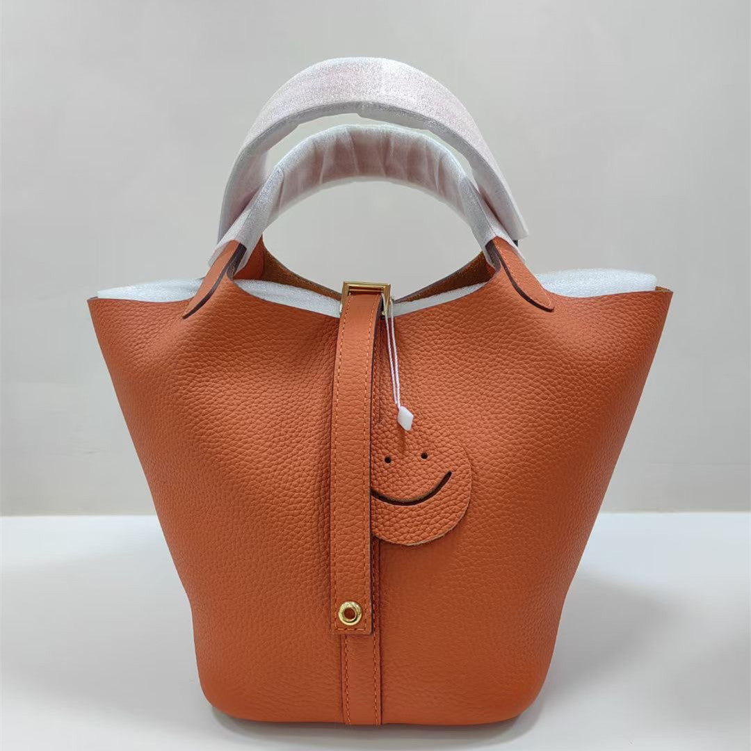 Women's Color Matching Vegetable Basket Genuine Leather Litchi Grain First Layer Bags