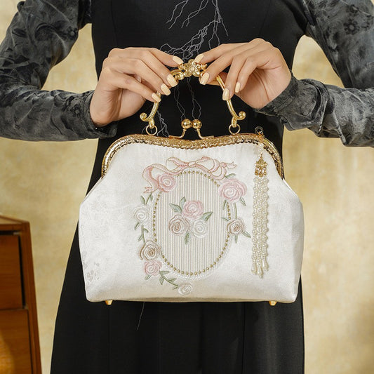 Rose Embroidered Chinese Style Cheongsam Banquet White Accessory Women's Handbag