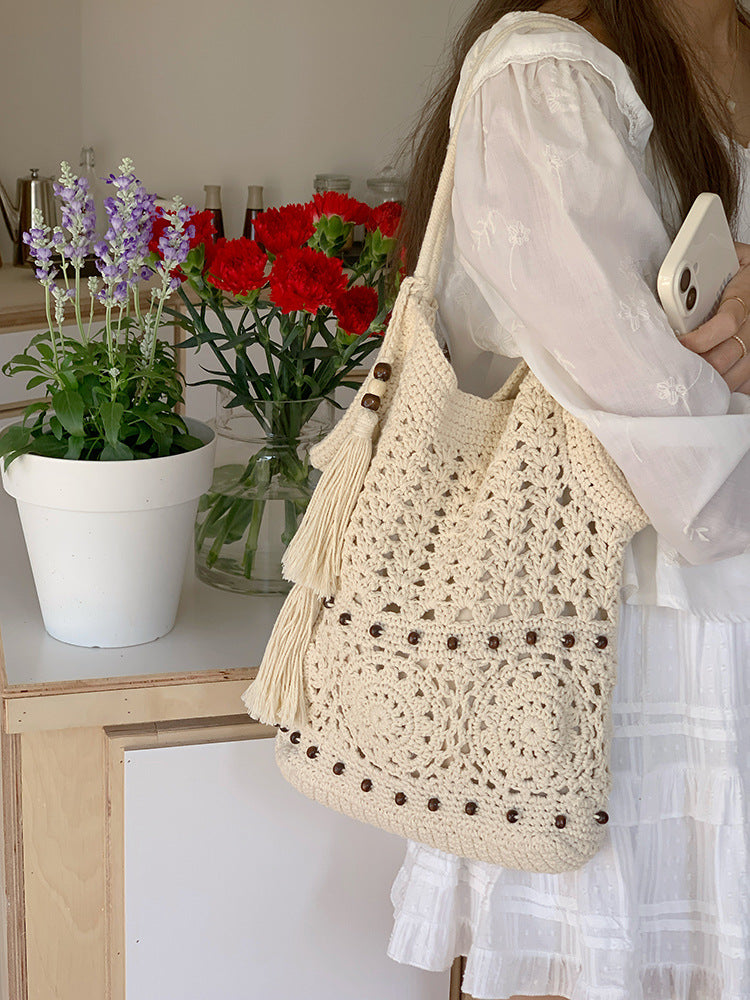 Artistic Hollow Tassel Cotton Thread Woven Large Capacity Seaside Holiday Women's Shoulder Bag
