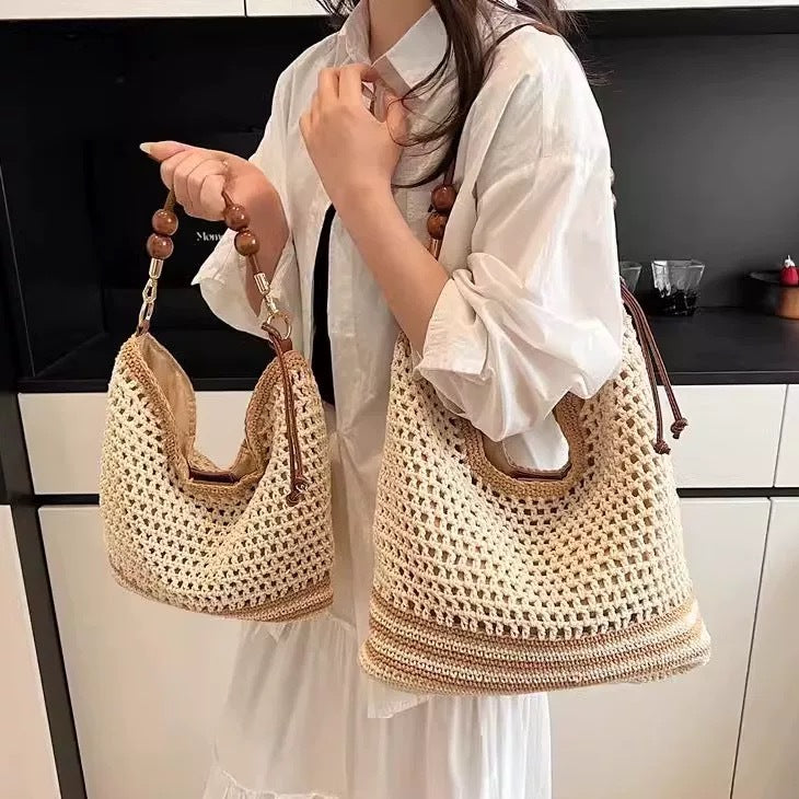 Style Cotton Thread Weaving Hollow Trendy Korean Beaded Straw Woven Women's Shoulder Bag