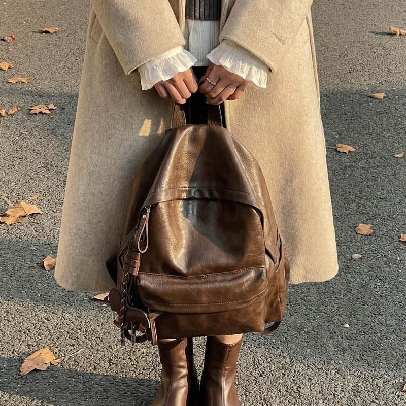 Women's Vintage Fashion Simple Leather Female College Large Capacity Versatile Backpacks
