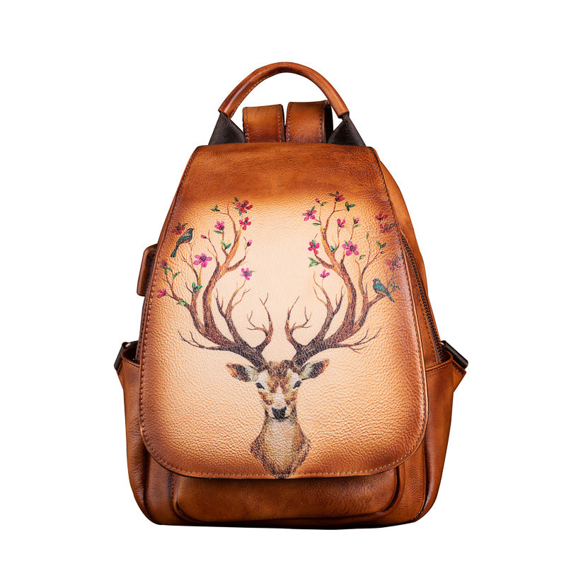 Leather First Layer Cowhide Creative Printed Yellow Brown Retro Backpacks