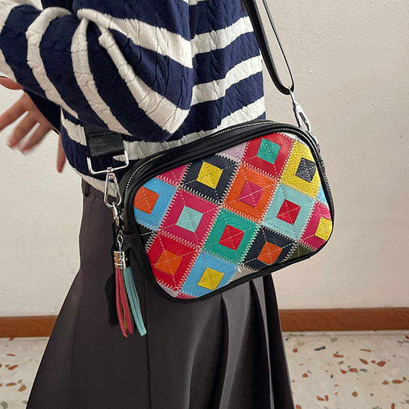 Women's First Layer Cowhide Fashion Popular Diamond Contrast Bags