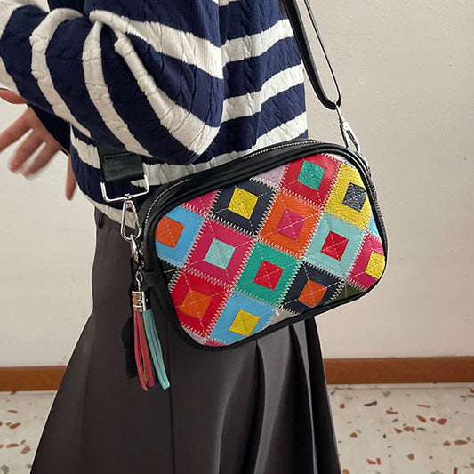 Women's First Layer Cowhide Fashion Popular Diamond Contrast Bags