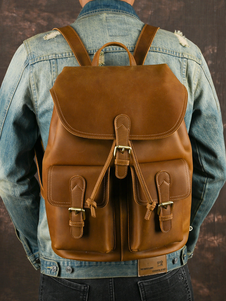 Men's Leather Vintage Distressed Top Layer Cowhide Large Business Backpack