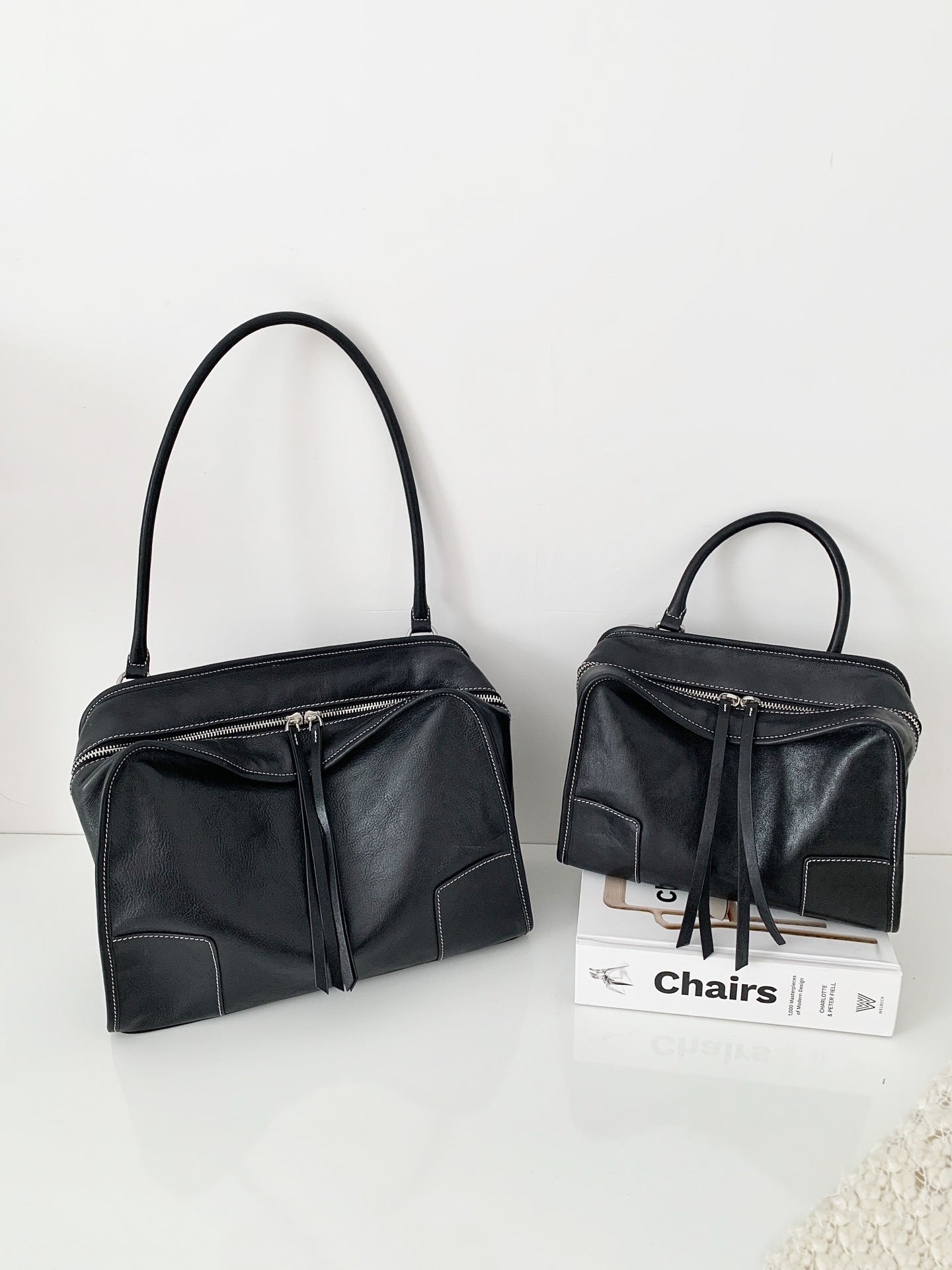 Women's Tanned Leather Cowhide Bowling Boston High-grade Large Tote Bag