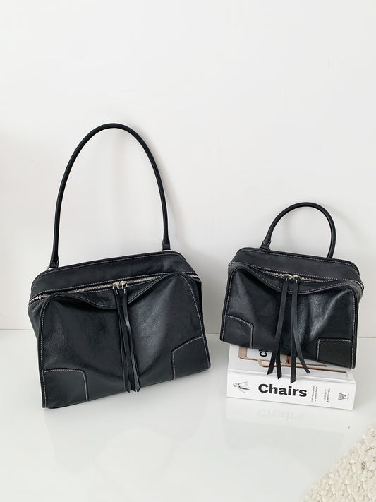Women's Tanned Leather Cowhide Bowling Boston High-grade Large Tote Bag