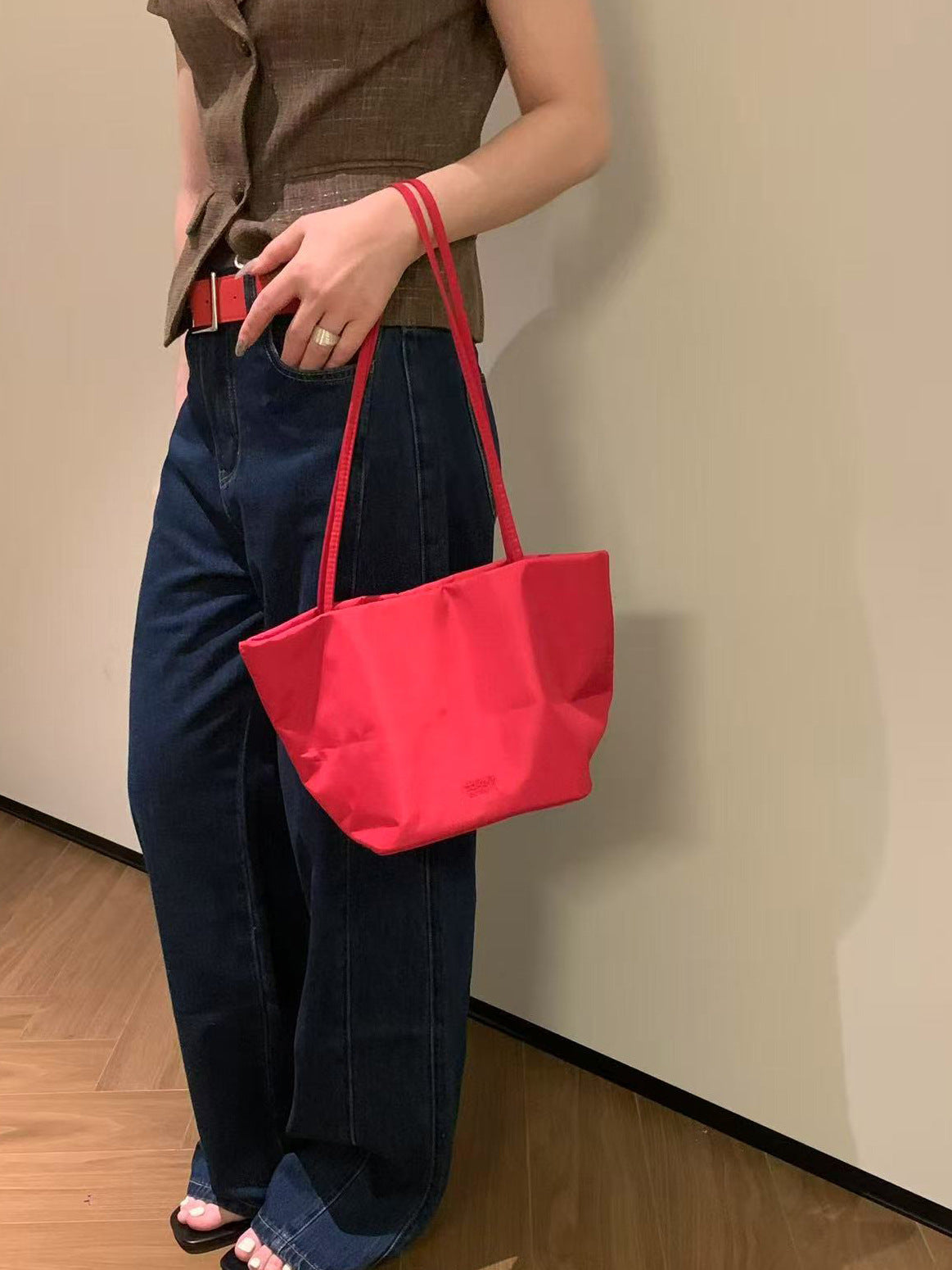 Women's Red Nylon Cloth Large Capacity Underarm Portable Bucket Bags