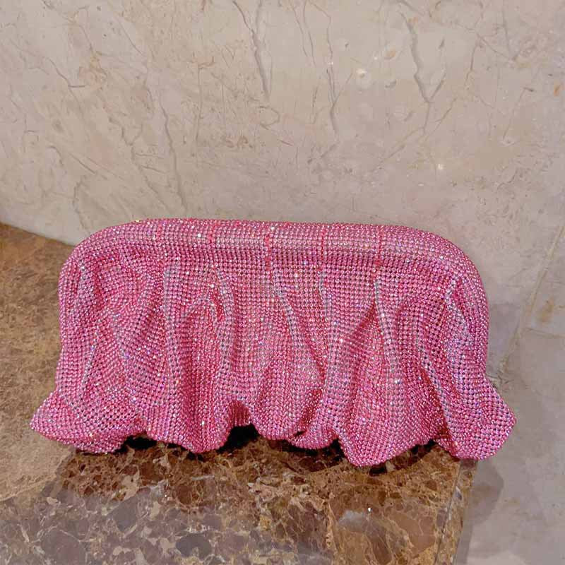 Studded Hand Crystal Pleated Chain Rhinestone Cloud Dumplings Clip Women's Shoulder Bag