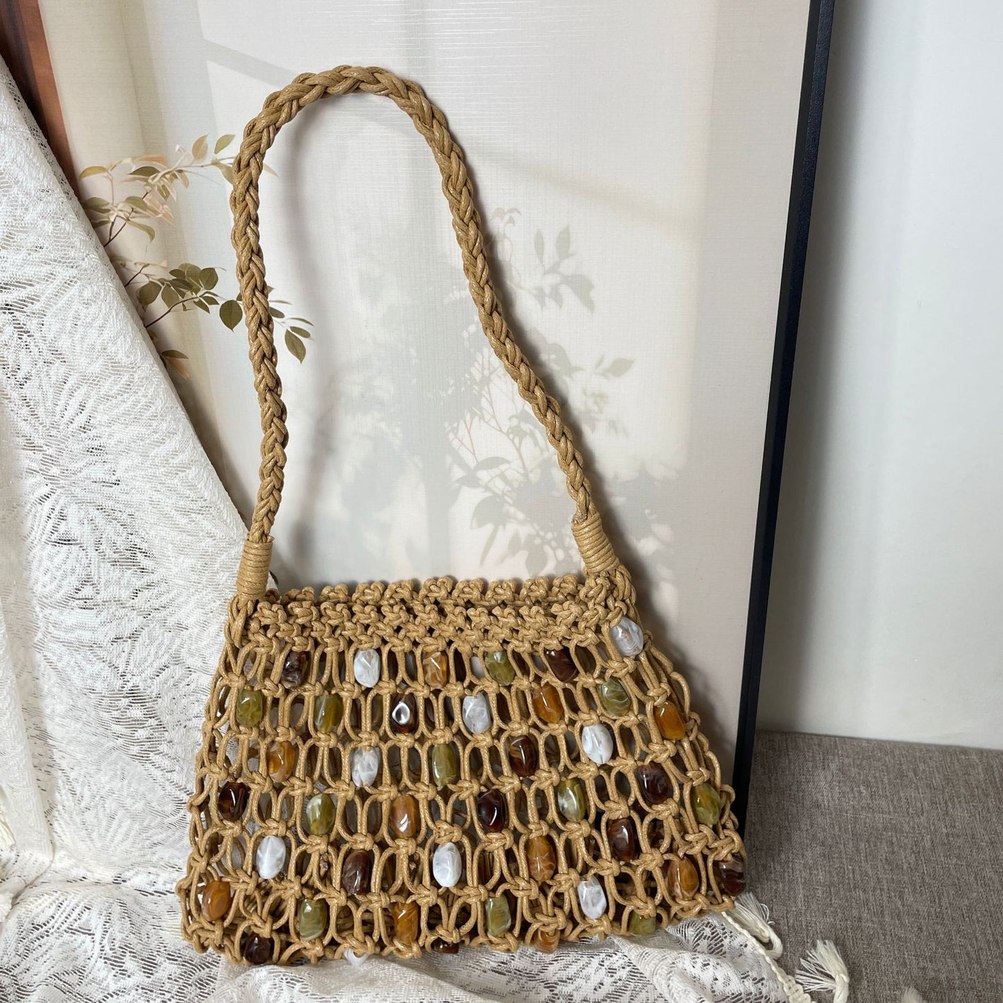 Hand-woven Acrylic Wax Rope Summer Hollow Mesh Beach Women's Handbag