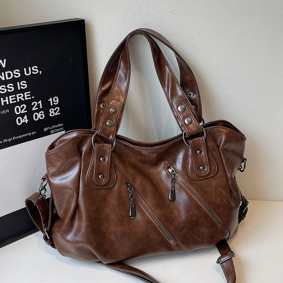 Simple Solid Color Large Capacity Totes Zipper Decorations Classic Bags