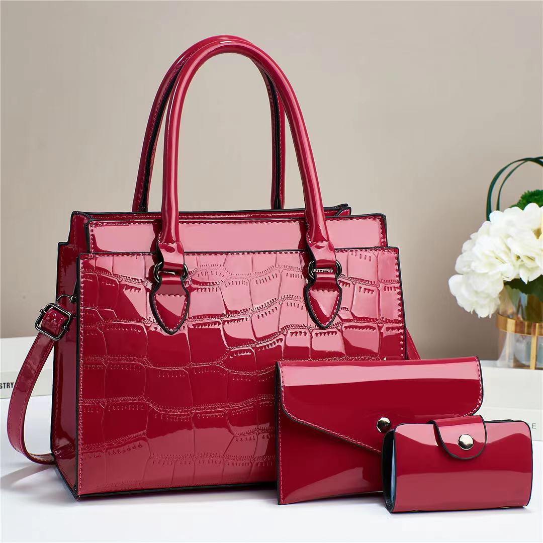 Temperament Fashion Bright Leather Three-piece Set Elegant Large Women's Handbag