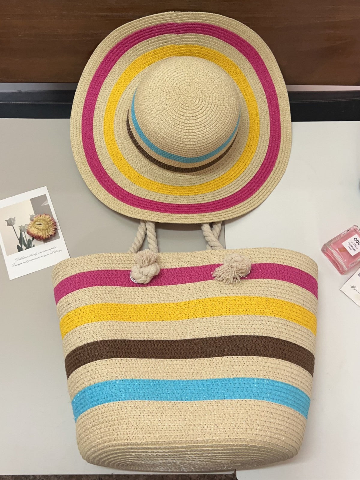 Summer Lady Colored Mosaic Beach Straw Tote Bag