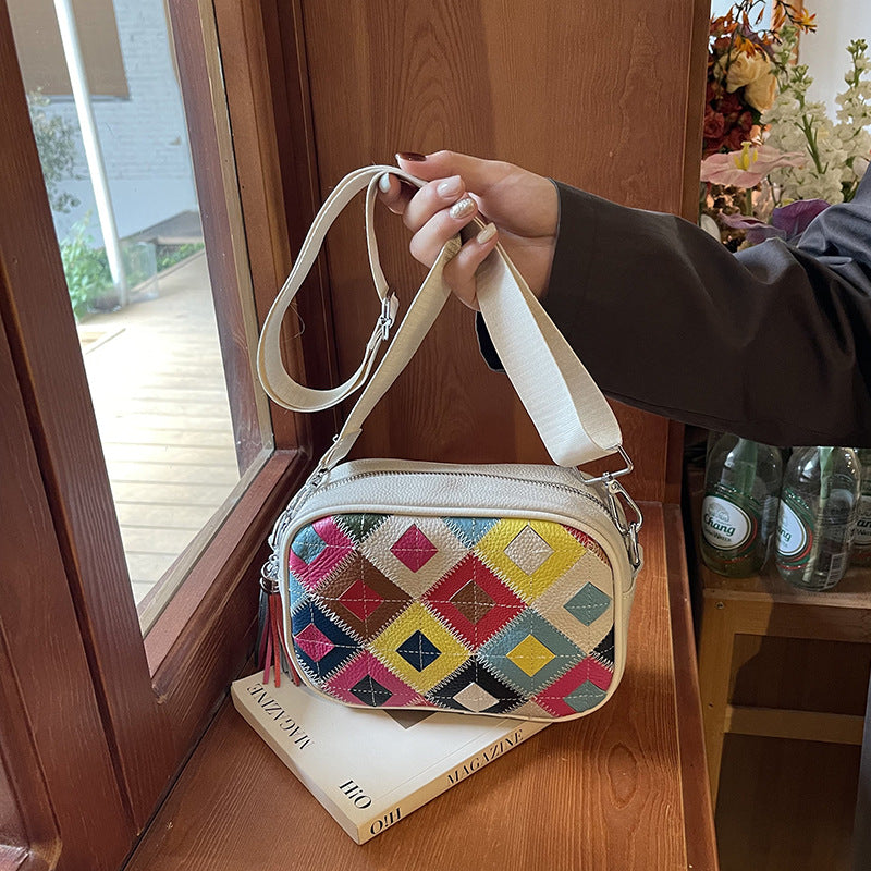 Women's First Layer Cowhide Fashion Popular Diamond Contrast Bags