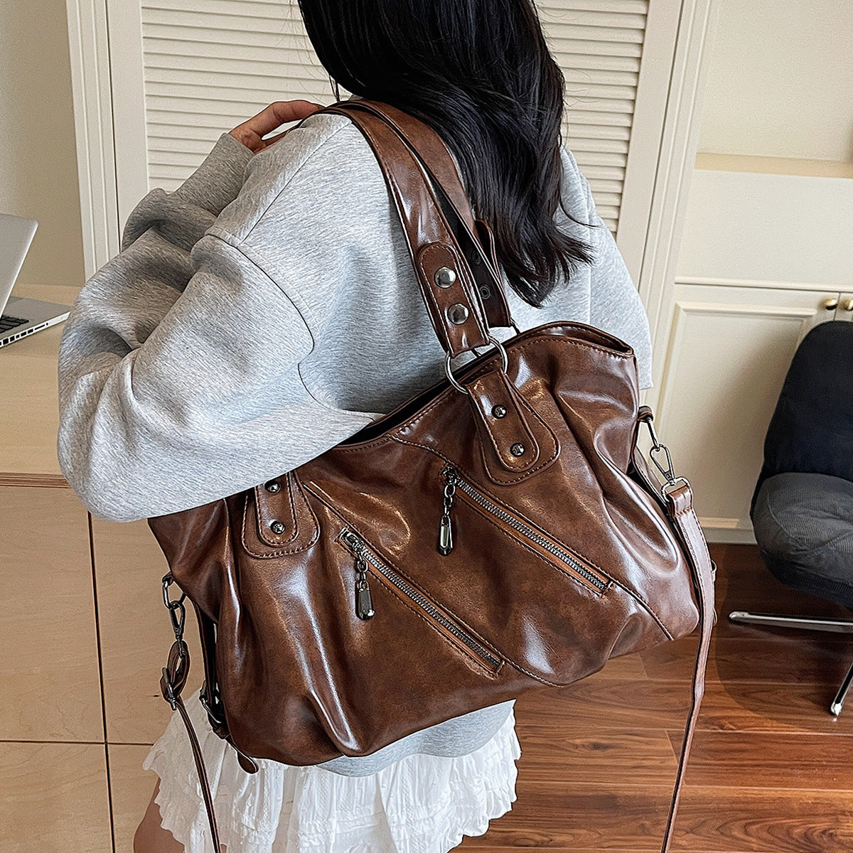 Simple Solid Color Large Capacity Totes Zipper Decorations Classic Bags