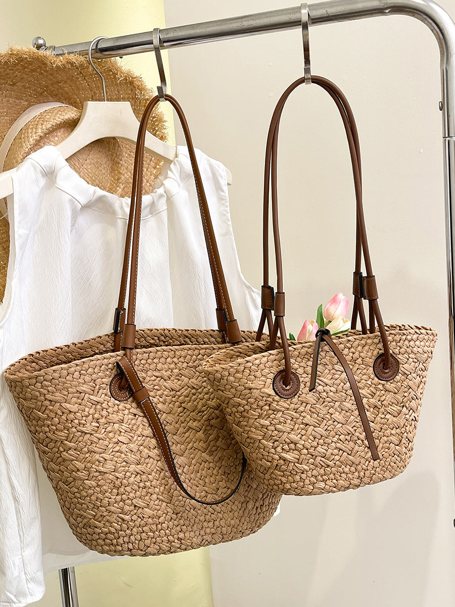 Women's Style Fashion Solid Color Woven Large Capacity Vacation Straw Vegetable Women's Shoulder Bag