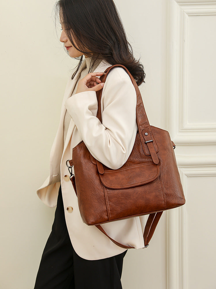 Women's Leather Textured Large Capacity Commuter Simple Retro Bags