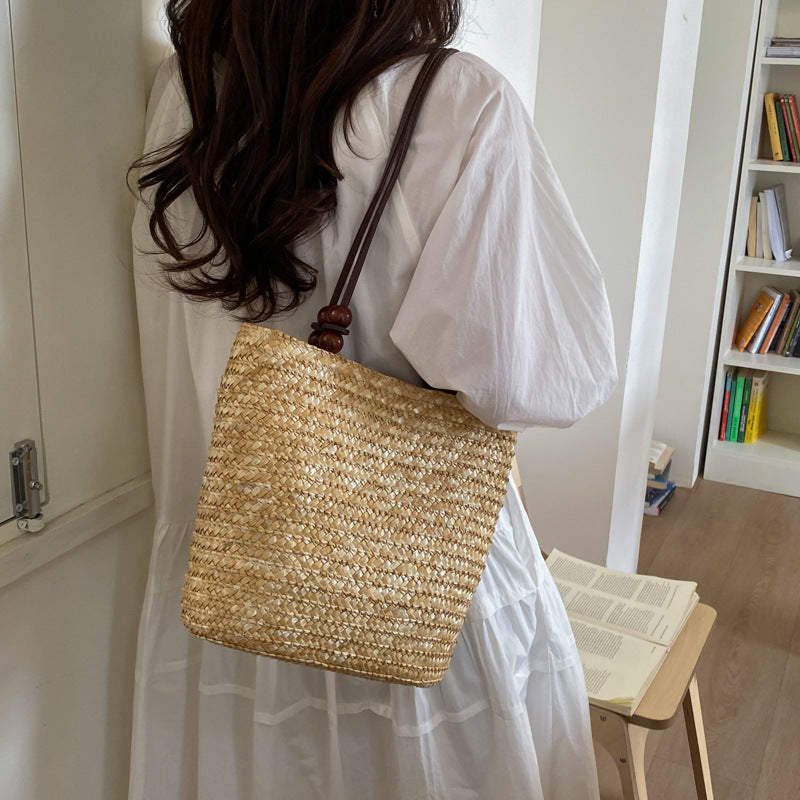 Women's Korean Fashion Woven Simple Straw Versatile Bucket Bag