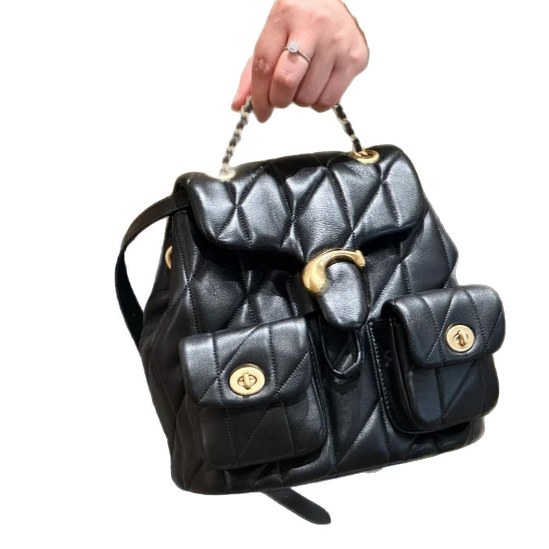 Home Classic Style Lambskin Stitching Drawstring Rhombus Women's Backpack