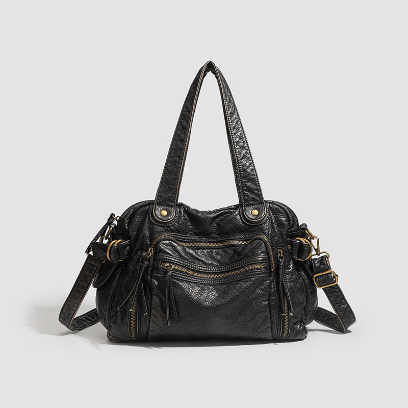 Retro Motorcycle Washed Soft Leather Large Capacity Underarm Tote Bag