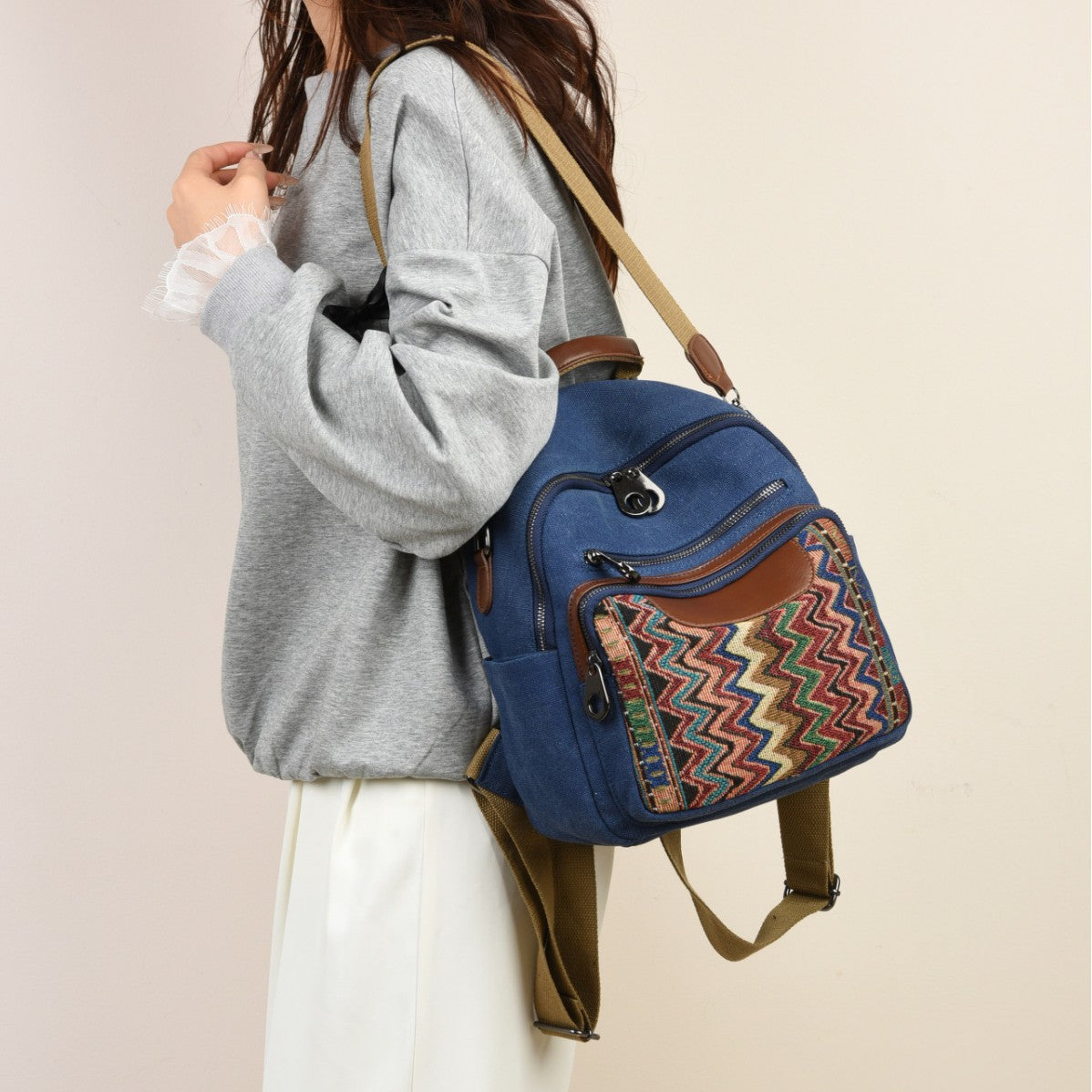 Women's Denim Fashion Retro Embroidered Large Capacity Backpacks