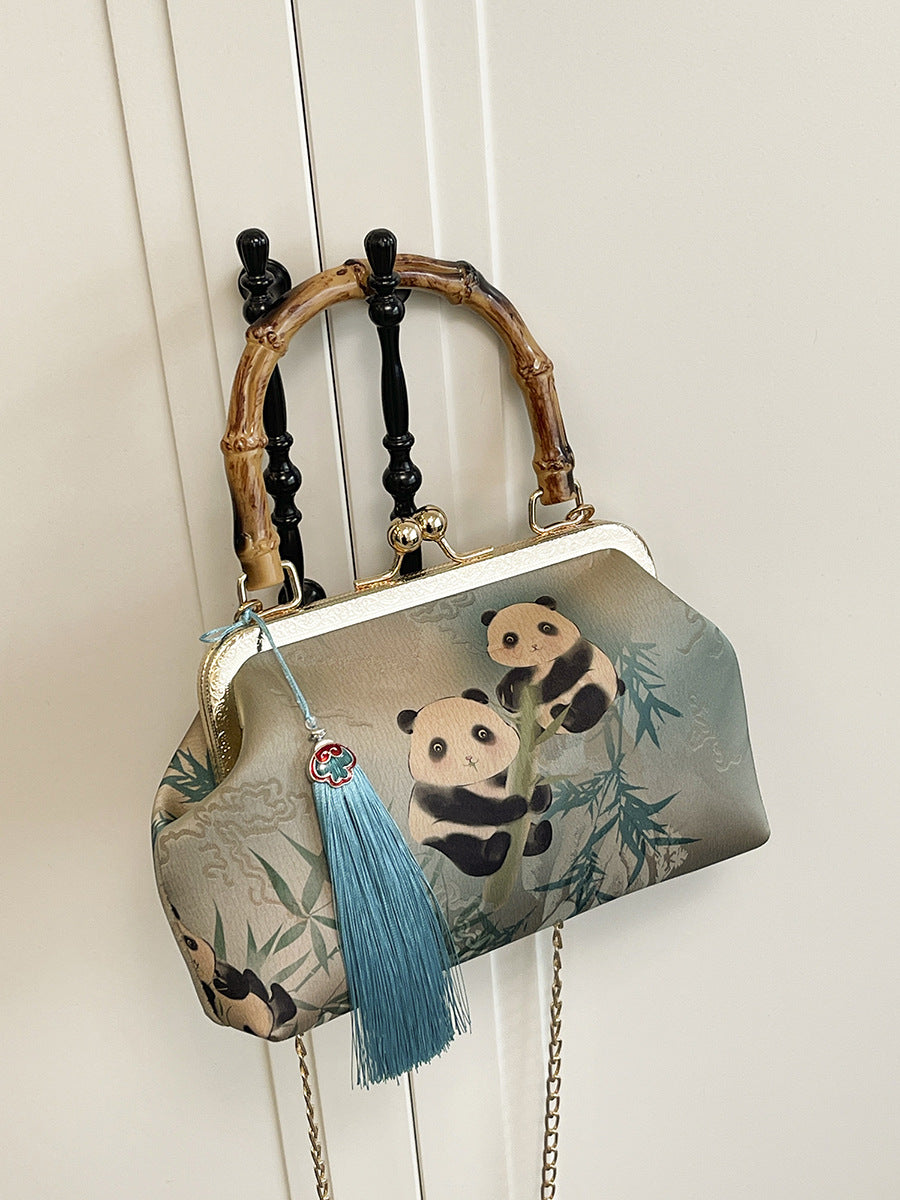 Panda Climbing Bamboo Wooden Fashion Tassel Women's Handbag