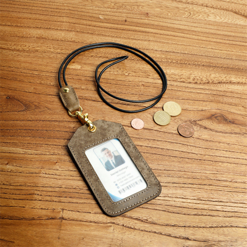 Cowhide Work Certificate With Lanyard Badge Entry Exit Permit Bus Card Pack Card Sleeve