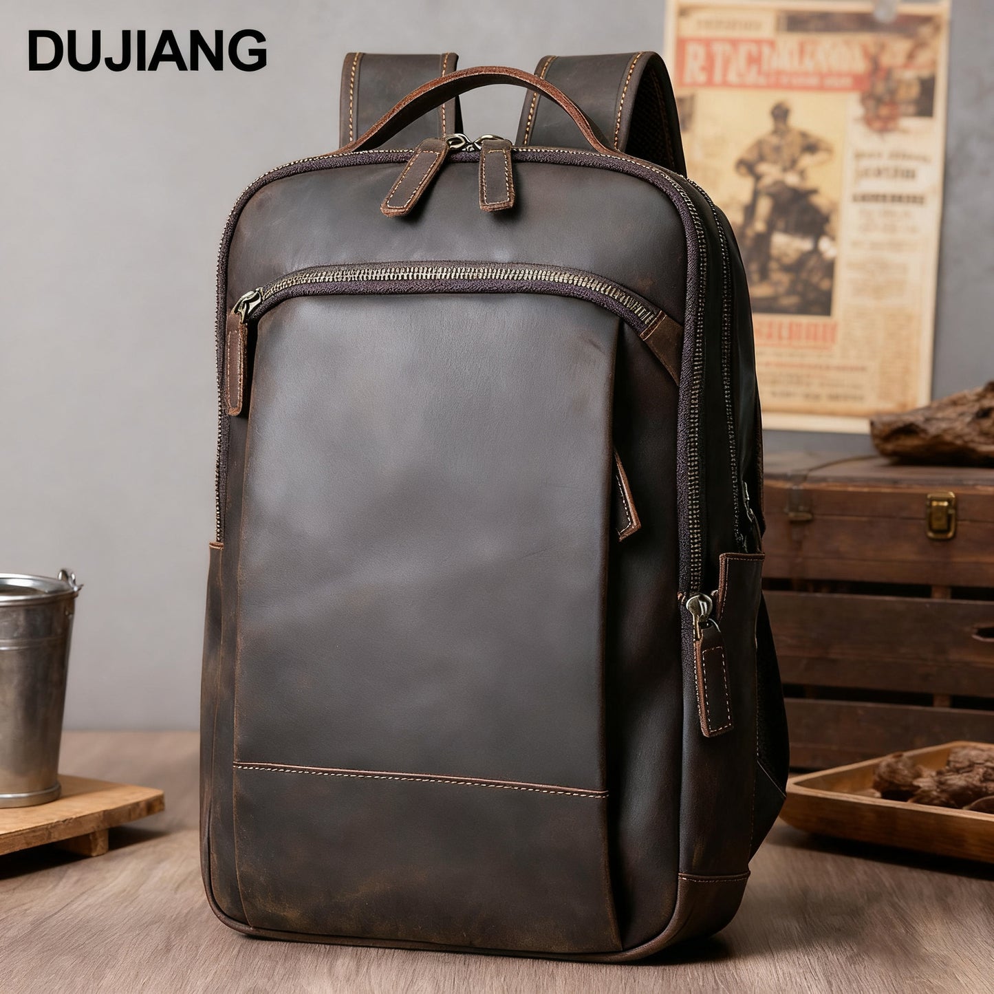 Men's Retro Crazy Horse Leather First Layer Cowhide Computer Large Backpacks