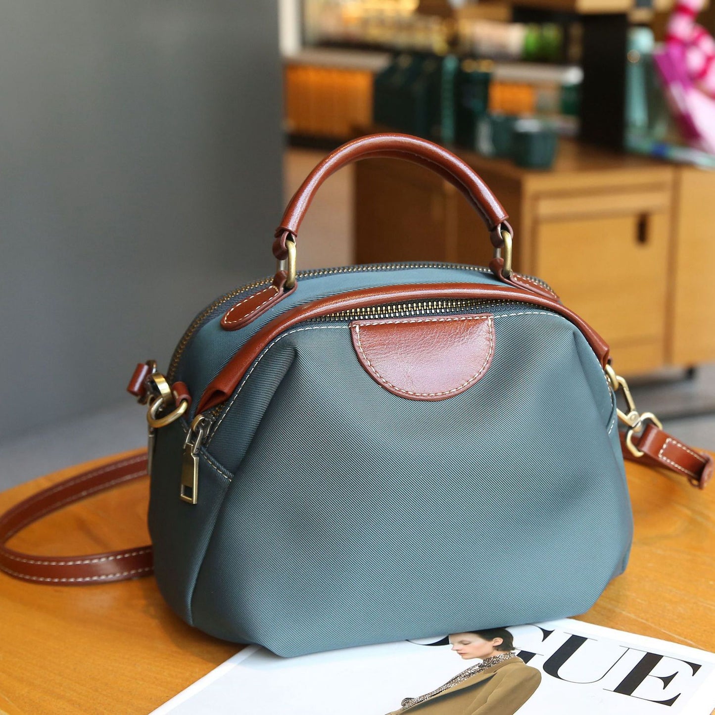 Women's Cloth With Leather Double Zipper Large Handbags
